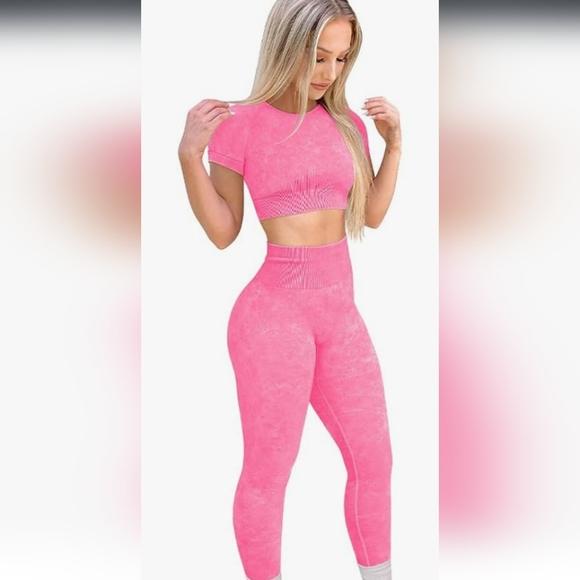 New- Womens 2 Piece High Waisted Gym outfit- Pink - Picture 1 of 3